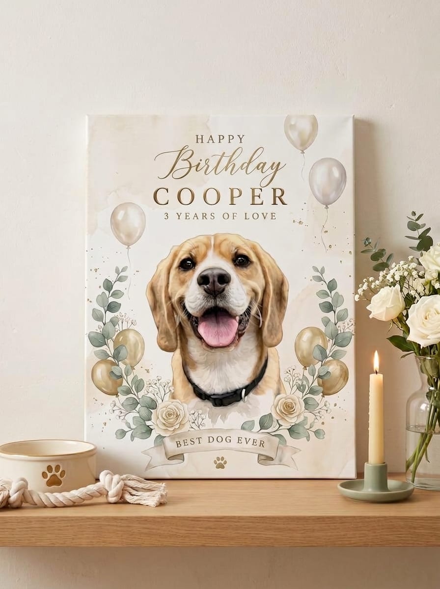 Your pet's canvas styled on a shelf at home